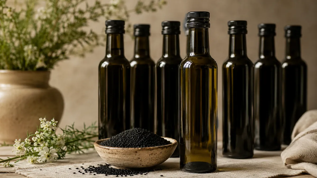 Mehrere Flaschen Schwarzkümmelöl nebeneinander im Vergleich, davor schwarze Samen