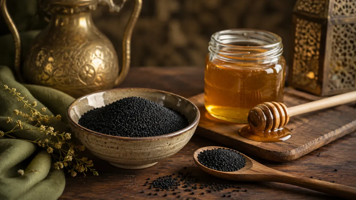 Schwarzkümmel-Samen mit Honig in orientalischer Anmutung