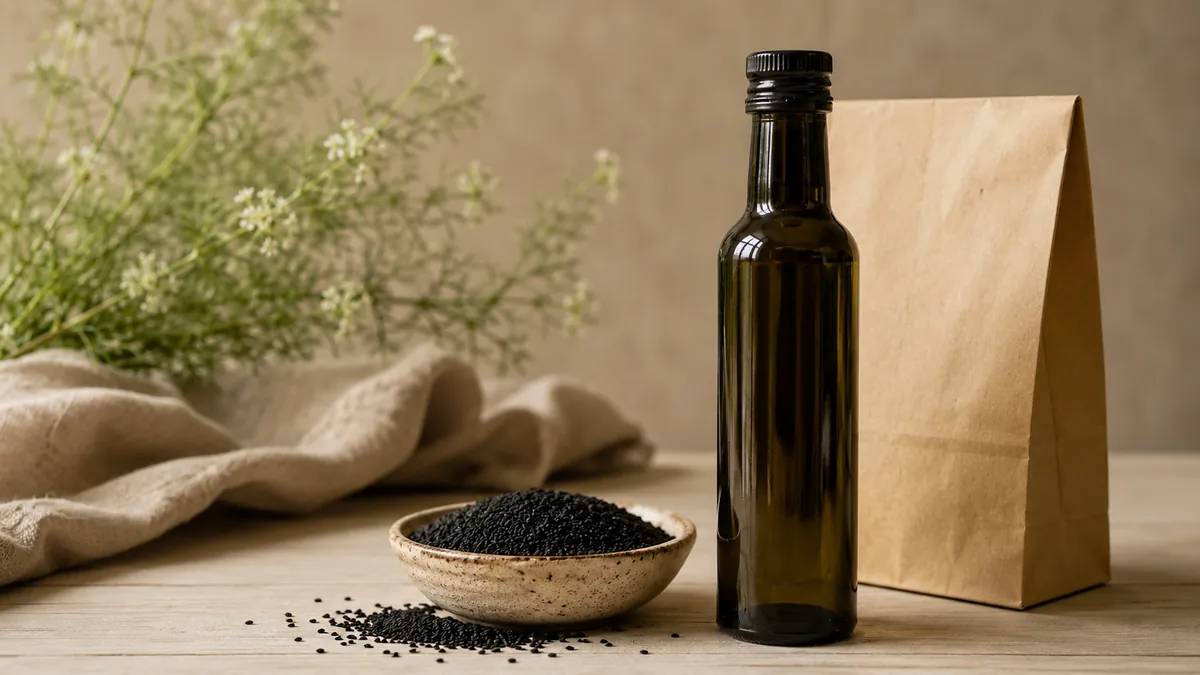 Flasche Schwarzkümmelöl neben einer Papiertüte