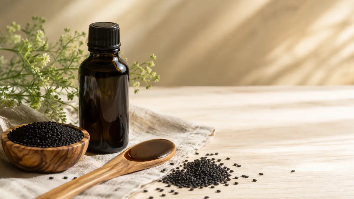 Flasche Schwarzkümmelöl mit Holzlöffel und schwarzen Samen