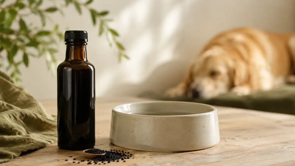 Flasche Schwarzkümmelöl neben einem Hundenapf