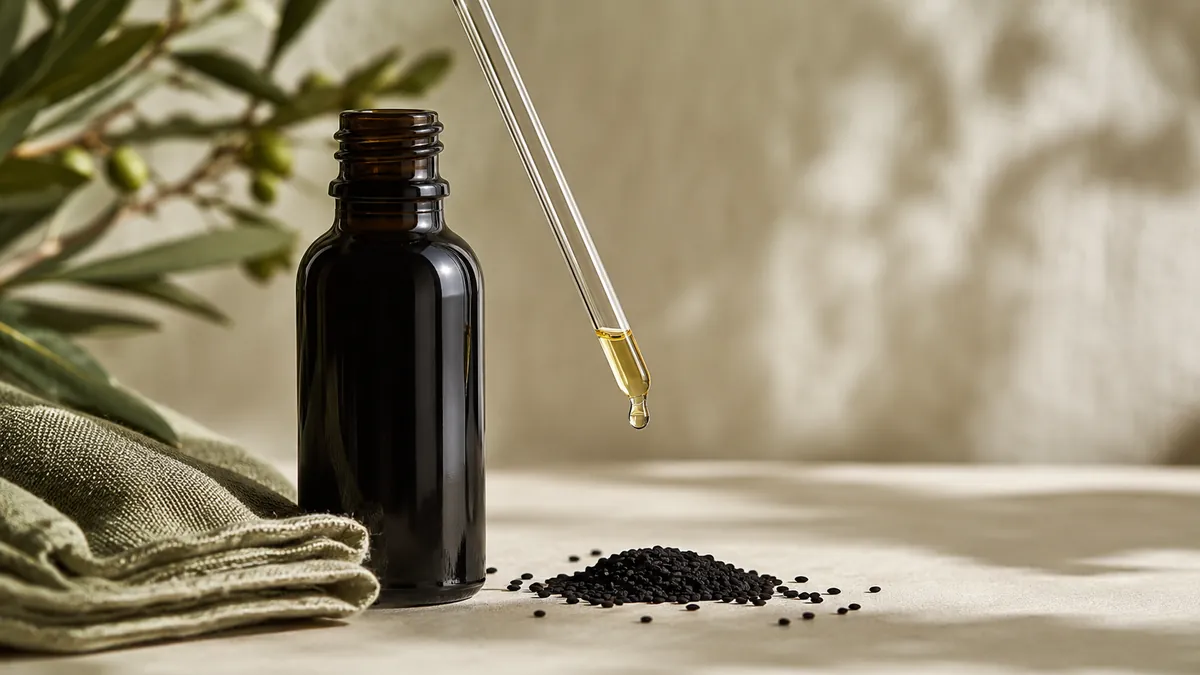 Schwarzkümmelöl mit Pipette, Leinentuch und schwarzen Samen