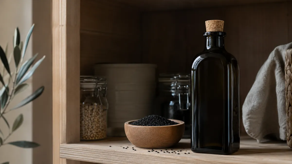 Dunkle Flasche Schwarzkümmelöl mit Korken im Vorratsregal