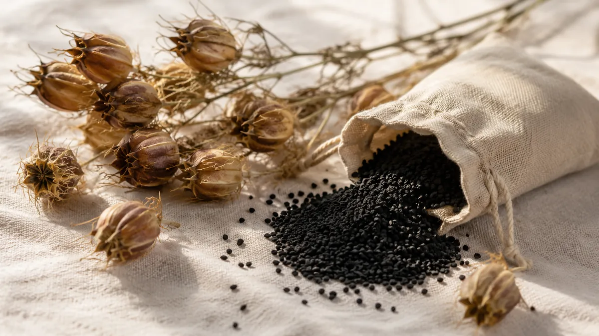 Getrocknete Schwarzkümmel-Samenkapseln und schwarze Samen auf Leinen