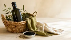 Flasche Schwarzkümmelöl in einem Einkaufskorb