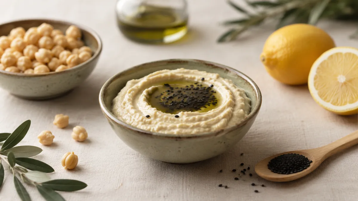 Hummus mit Schwarzkümmelöl und schwarzen Samen