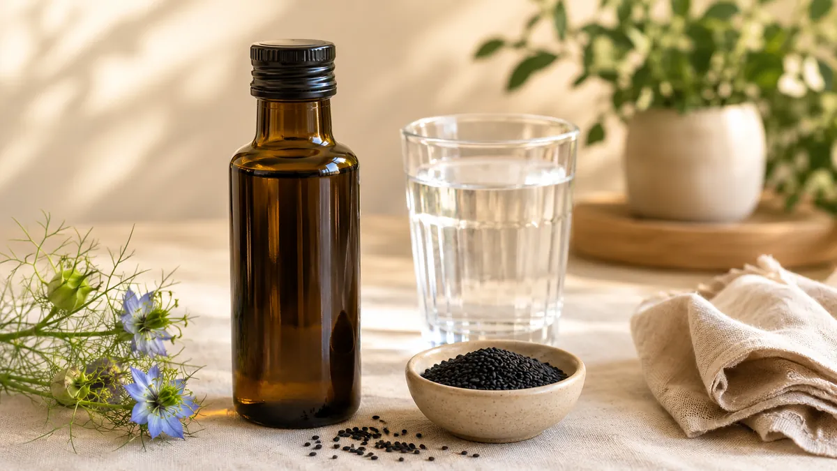 Flasche Schwarzkümmelöl mit einem Glas Wasser und schwarzen Samen