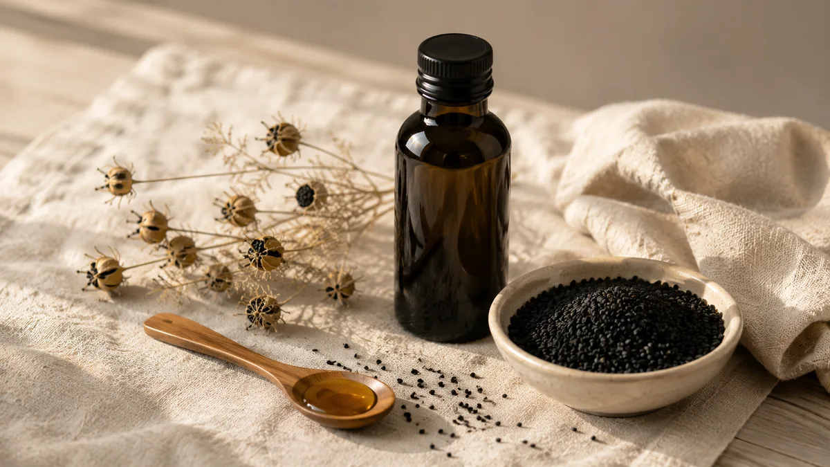 Flasche Schwarzkümmelöl mit Holzlöffel, getrockneten Nigella-Blüten und schwarzen Samen auf Leinen
